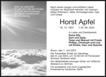 Traueranzeige von Horst Apfel von Neue Presse Coburg
