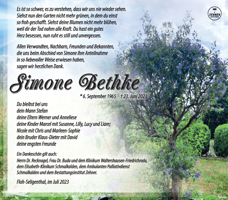  Traueranzeige für Simone Bethke vom 15.07.2023 aus Südthüringer Presse