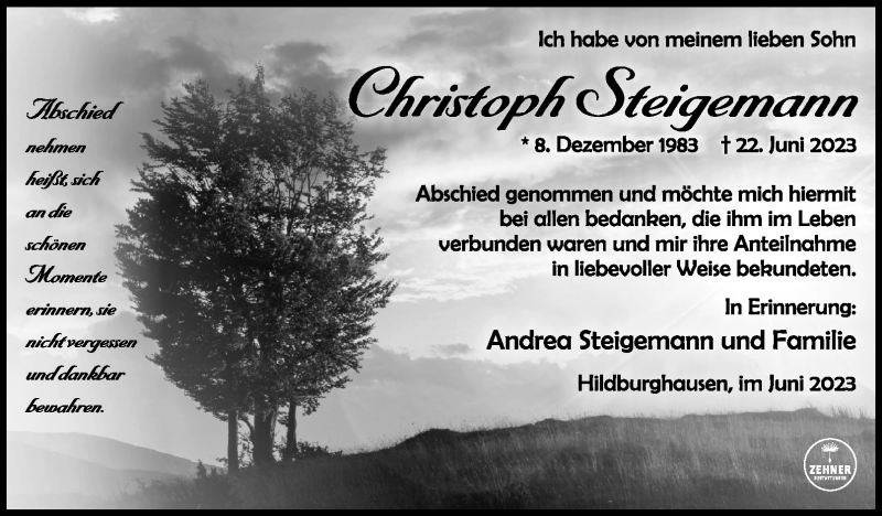  Traueranzeige für Christoph Steigemann vom 15.07.2023 aus Südthüringer Presse