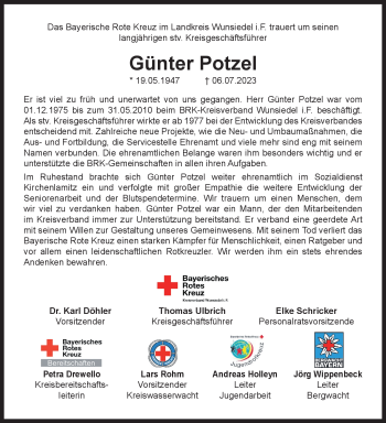 Traueranzeige von Günter Potzel von Frankenpost