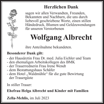 Traueranzeige von Wolfgang Albrecht von Südthüringer Presse