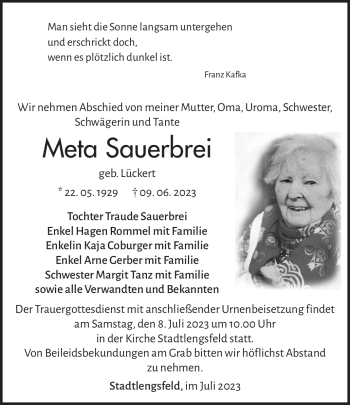 Traueranzeige von Meta Sauerbrei von Südthüringer Presse