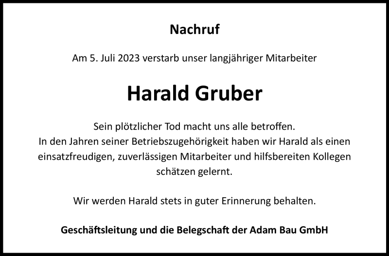  Traueranzeige für Harald Gruber vom 15.07.2023 aus Südthüringer Presse