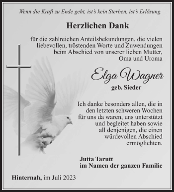 Traueranzeige von Elga Wagner von Südthüringer Presse