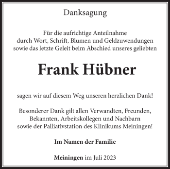 Traueranzeige von Frank Hübner von Südthüringer Presse