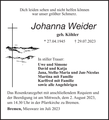 Traueranzeige von Johann Weider von Südthüringer Presse