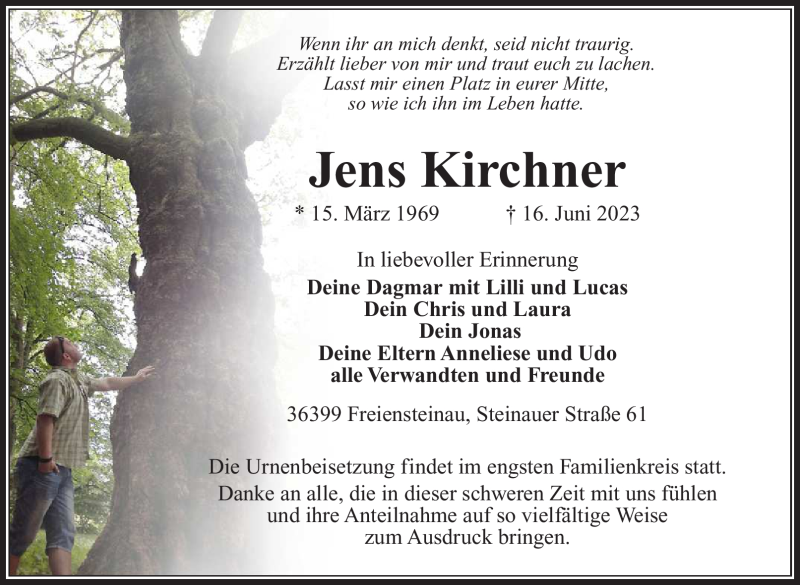  Traueranzeige für Jens Kirchner vom 01.07.2023 aus Südthüringer Presse