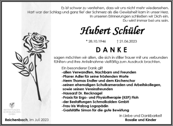 Traueranzeige von Hubert Schüler von Südthüringer Presse