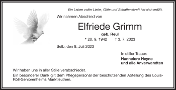 Traueranzeige von Elfriede Grimm von Frankenpost