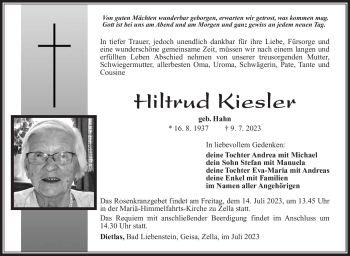 Traueranzeige von Hiltrud Kiesler von Südthüringer Presse