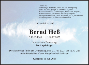 Traueranzeige von Bernd Heß von Südthüringer Presse
