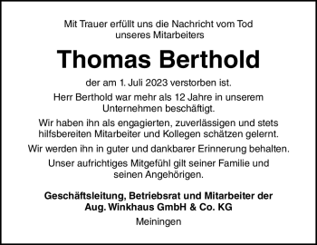 Traueranzeige von Thomas Berthold von Südthüringer Presse