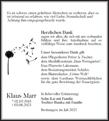 Traueranzeige von Klaus Marr von Südthüringer Presse