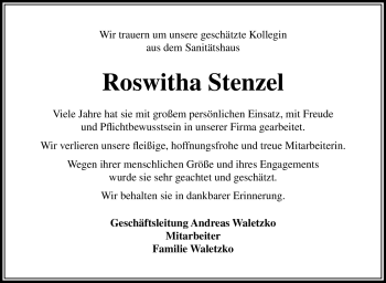 Traueranzeige von Roswitha Stenzel von Südthüringer Presse