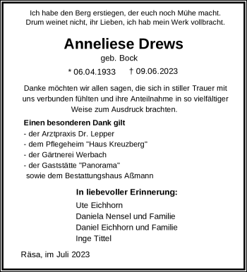 Traueranzeige von Anneliese Drews von Südthüringer Presse