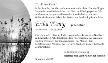 Traueranzeige von Erika Wenig von Südthüringer Presse