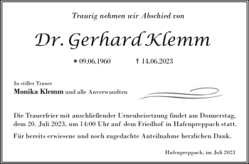 Traueranzeige von Gerhard Klemm von Neue Presse Coburg