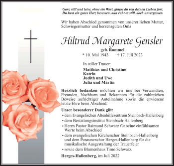 Traueranzeige von Hiltrud Gensler von Südthüringer Presse