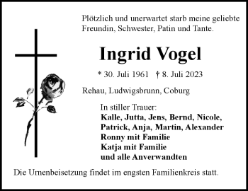 Traueranzeige von Ingrid Vogel von Frankenpost