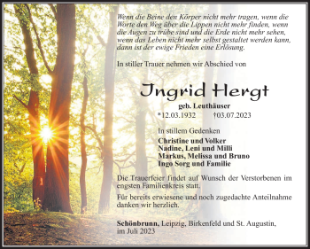 Traueranzeige von Ingrid Hergt von Südthüringer Presse