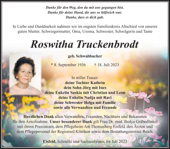Traueranzeige von Roswitha Truckenbrodt von Südthüringer Presse