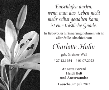 Traueranzeige von Charlotte Huhn von Südthüringer Presse