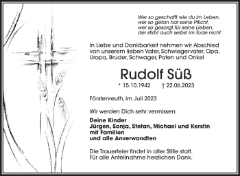 Traueranzeige von Rudolf Süß von Frankenpost