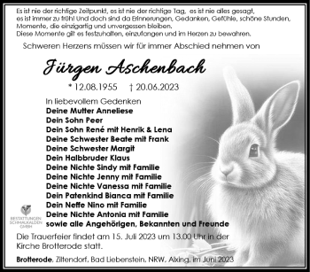 Traueranzeige von Jürgen Aschenbach von Südthüringer Presse