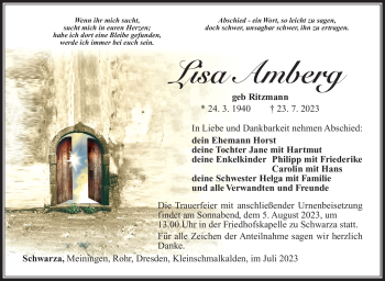 Traueranzeige von Lisa Amberg von Südthüringer Presse