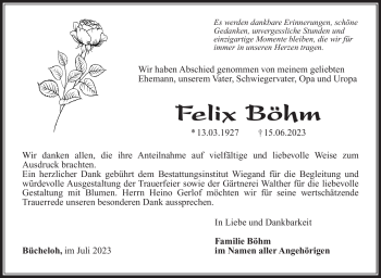 Traueranzeige von Felix Böhm von Südthüringer Presse