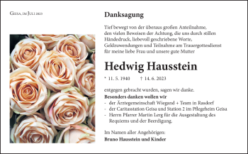 Traueranzeige von Hedwig Hausstein von Südthüringer Presse