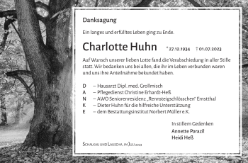 Traueranzeige von Charlotte Huhn von Südthüringer Presse