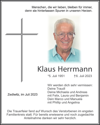 Traueranzeige von Klaus Herrmann von Frankenpost