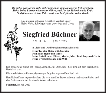 Traueranzeige von Siegfried Büchner von Südthüringer Presse