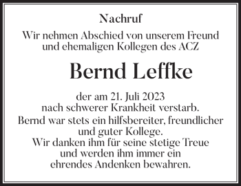Traueranzeige von Bernd Leffke von Südthüringer Presse