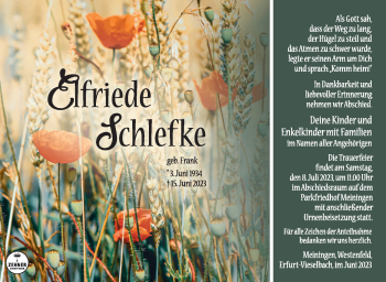 Traueranzeige von Elfriede Schlefke von Südthüringer Presse
