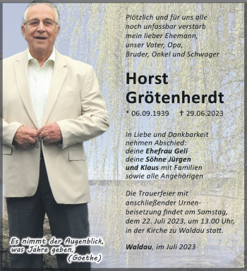 Traueranzeige von Horst Grötenherdt von Südthüringer Presse