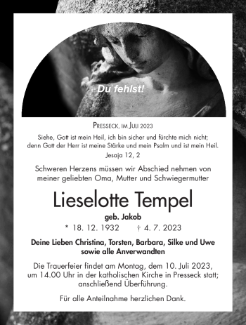 Traueranzeige von Lieselotte Tempel von Frankenpost