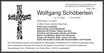 Traueranzeige von Wolfgang Schöberlein von Frankenpost