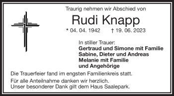 Traueranzeige von Rudolf Knapp von Frankenpost