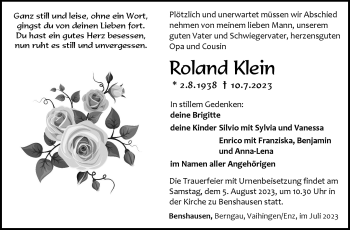 Traueranzeige von Roland Klein von Südthüringer Presse