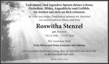 Traueranzeige von Roswitha Stenzel von Südthüringer Presse