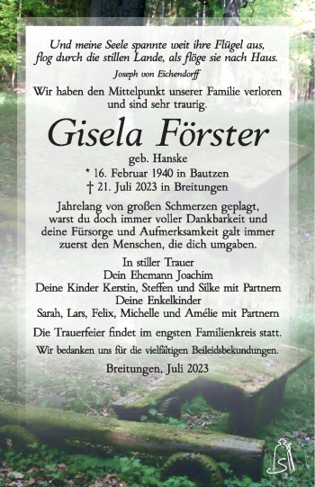 Traueranzeige von Gisela Förster von Südthüringer Presse