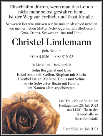 Traueranzeige von Christel Lindemann von Südthüringer Presse