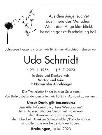 Traueranzeige von Udo Schmidt von Südthüringer Presse