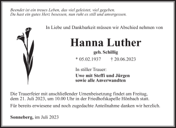 Traueranzeige von Hanna Luther von Südthüringer Presse
