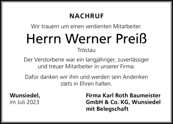 Traueranzeige von Werner Preiss von Frankenpost