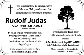 Traueranzeige von Rudolf Judas von Frankenpost