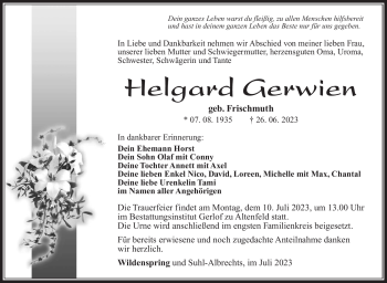 Traueranzeige von Helgard Gerwien von Südthüringer Presse