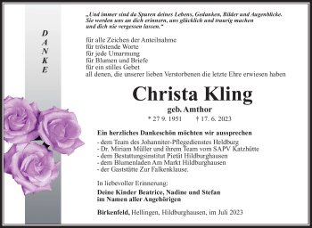 Traueranzeige von Christa Kling von Südthüringer Presse